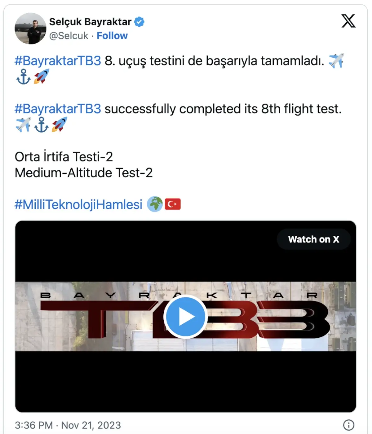Selçuk Bayraktar, Bayraktar TB3 sekinci uçuş testi X paylaşımı