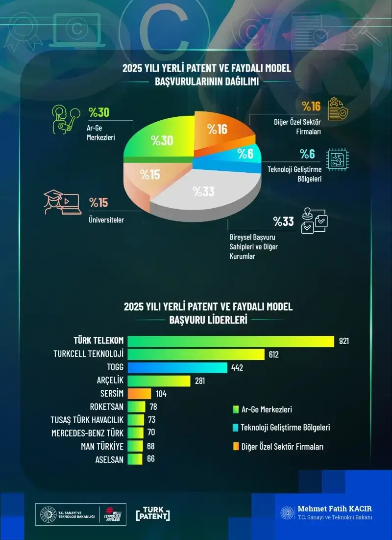 2025 Yılı Yerli Patent ve Faydalı Model Başvuruları Dağılımı