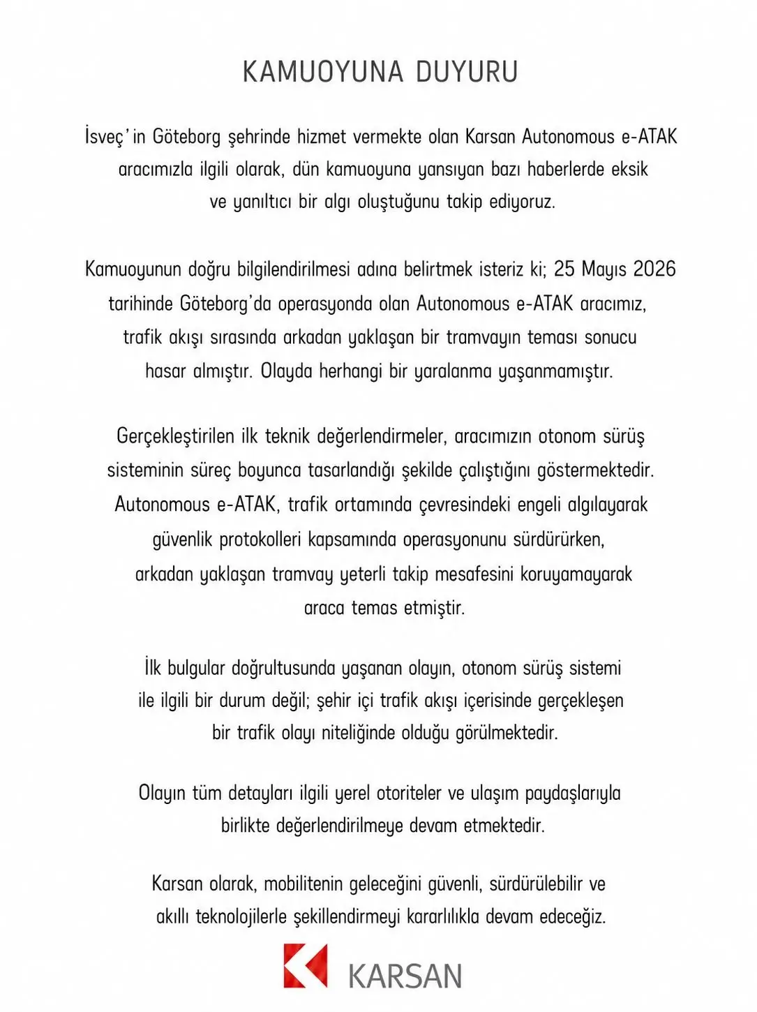 İsveç, Göteborg Otonom Otobüs e-ATAK Tramvay Kazası İle İlgili Resmi Açıklama