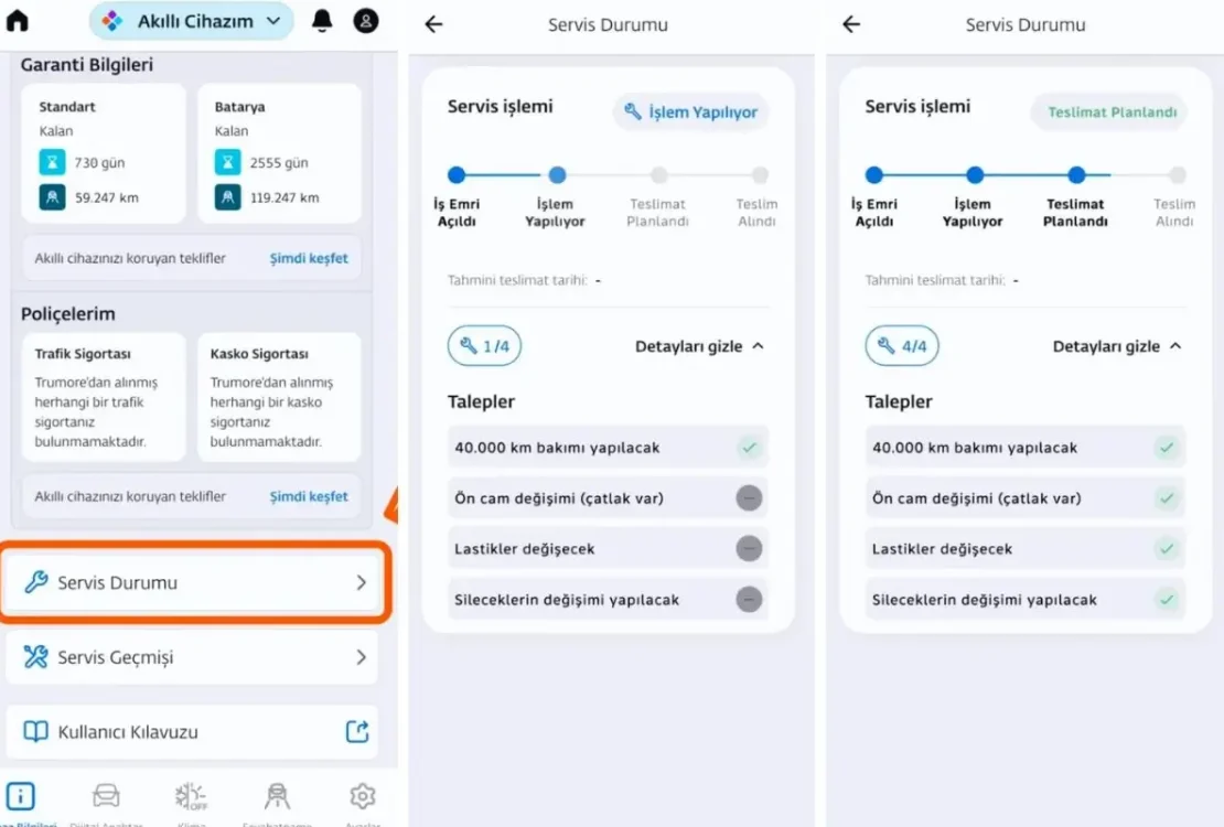 Togg Truemore, Servis Bilgi Ekranı