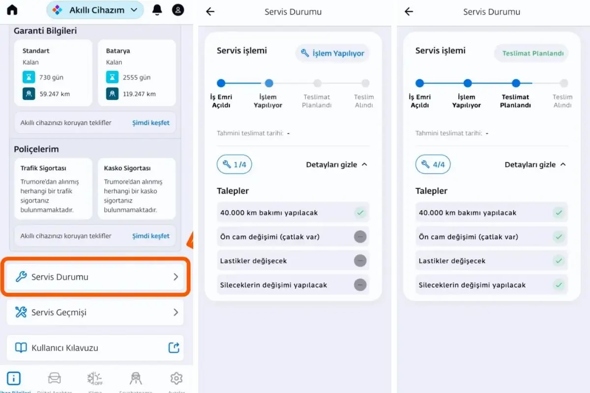 Togg Truemore, Servis Bilgi Ekranı